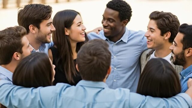 Diverse Group of Young Adults Celebrating Teamwork and Unity in a Circle Outdoors