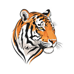 Fototapeta premium Close up illustration of a majestic tiger's head with striking orange and black stripes and piercing yellow eyes set against a dotted white background