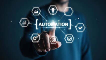 Interactive Business Automation: Professional Touching Digital Interface with Workflow Optimization Icons for System Efficiency