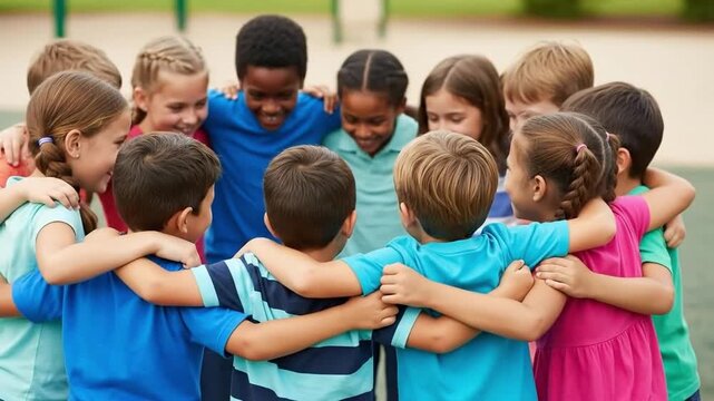 Diverse Group of Happy Children Engaged in Teamwork and Friendship at Outdoor Playground