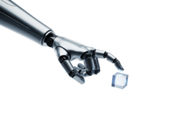 ultra-detailed, chrome-plated robotic arm performing a precise pinch on a glowing holographic blue cube, macro shot with rim light against a high-key background. concept of advanced precision and