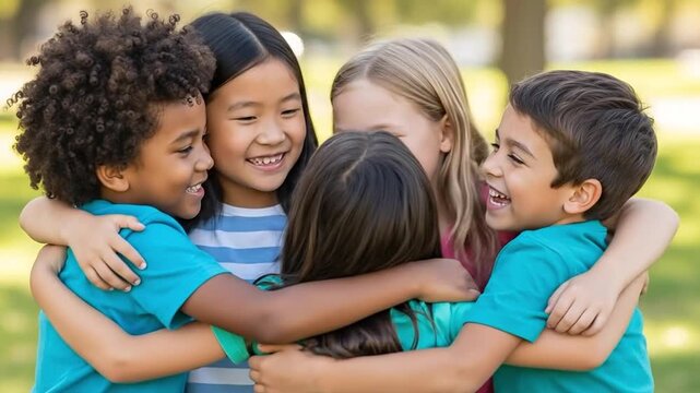 Diverse Group of Happy Children Embracing in a Park Setting - Friendship and Joyful Connections Among Young Kids