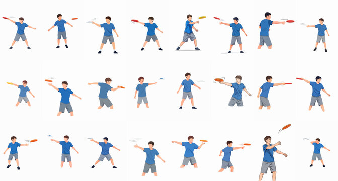 Sequence of ultimate frisbee player poses: throwing, catching, and action. Male athlete exercising outdoor sport with flying disc.
