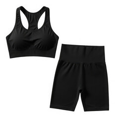 Black sports bra and biker shorts set isolated on transparent background