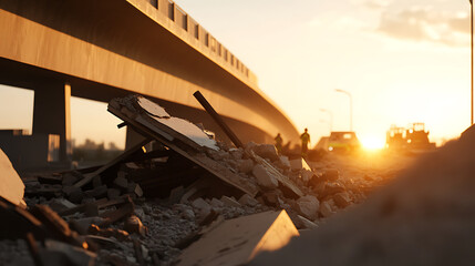 Golden hour cast over a construction site featuring rubble and an elevated highway, symbolizing progress and rebuilding amidst the golden glow of sunset.