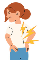 Middle Age Woman with Back Pain, Unwell Female Hands on Back with Pain illustration