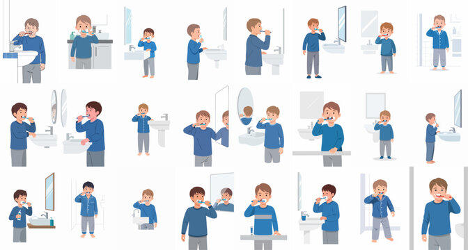 Collection of illustrations showing a young boy in pajamas or casual wear standing at a sink and brushing his teeth in various morning and evening routine scenes.