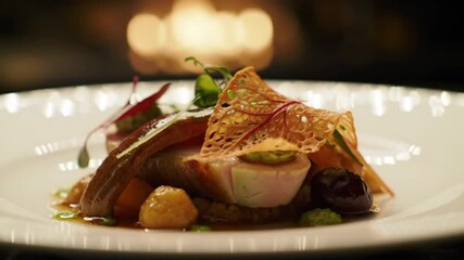 Chef adds garnish to plated dish, fine dining restaurant, blurred background, for food blogging