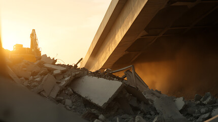 A construction vehicle tearing down debris under a bridge at sunset. The scene conveys demolition and urban change against the backdrop of a warm sunset.