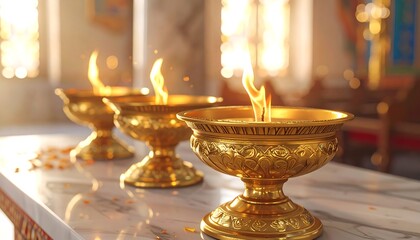 Three golden bowls with flames atop marble altar in a sunlit space