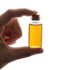 Hand holding small bottle of yellow liquid isolated on transparent background