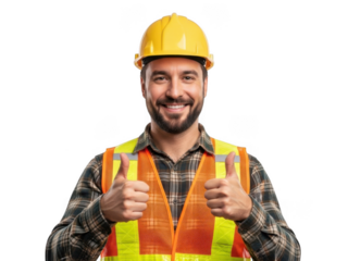 Smiling construction worker with thumbs up isolated on transparent background