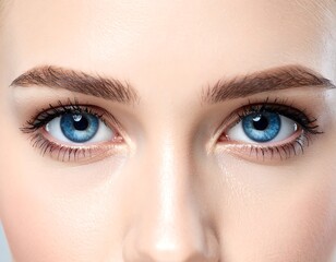 Fototapeta premium Close-up of symmetrical light blue eyes with thick, arched eyebrows
