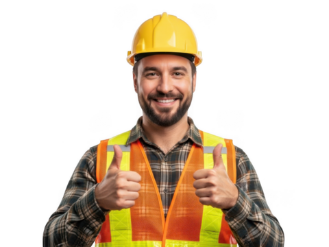 Smiling construction worker with thumbs up isolated on transparent background - Powered by Adobe