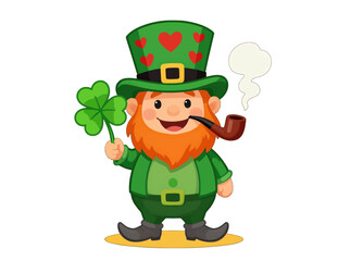 Cheerful leprechaun with pipe and clover isolated