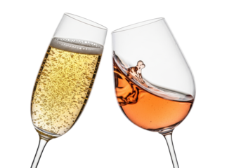 Elegant champagne flute with golden bubbles and pink rosé glass clinking in a toast, liquid sloshing dynamically, high-key studio background with copy space. concept for luxury celebration