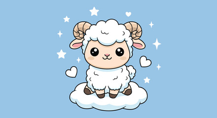 Naklejka premium Adorable cartoon ram character sitting on a fluffy white cloud surrounded by twinkling stars and white hearts on a blue background.