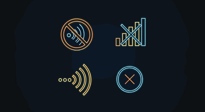 Set of neon-style icons representing various internet and network connection issues like no signal, no wifi, and loading symbols.