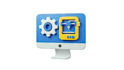 3D Printer and Gear Icon on Computer Screen