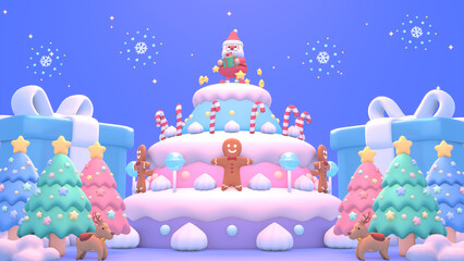 3D render cartoon Christmas cake with Santa Claus holding Christmas gift, candy canes, gingerbread men, lollipops, reindeer, and Christmas trees.