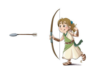 Girl archer from the Greek era, shooting an arrow