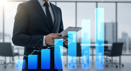 Businessman holding a tablet with a rising graph superimposed, symbolizing financial growth and business success in a modern office setting