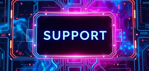 A glowing support button on a futuristic virtual screen,  click,  aid