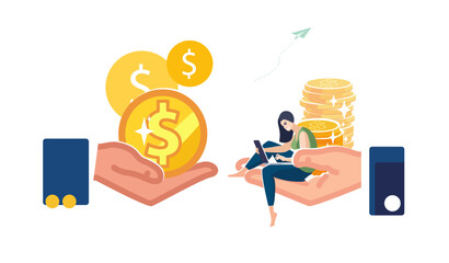 business lady working in laptop, financier, counting gold dollar coins in business hands. Investor invests money, deposit, people, contract, presentation. High paying job, poster. Vector illustration