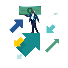 Businessman, with paper dollar, standing on green arrow, pointing up, working direction of growth. Business concept. Leader, arrows, reverse trend, investment, people, poster. Vector illustration