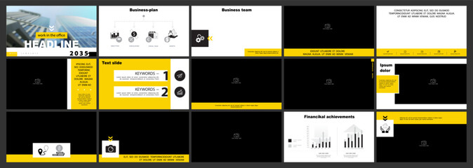 Business presentation template. Set, headline, infographic elements, yellow design, white background. Flyer, photo, PowerPoint, banner. Slide show, SEO, corporate, annual report, vector illustration