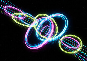 Vibrant neon light trails swirling in dynamic patterns on black background