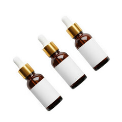 Set of three amber dropper bottles isolated on transparent background
