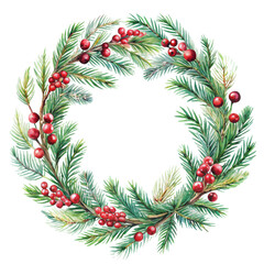 Lush, vibrant watercolor wreath composed of detailed evergreen pine and fir branches interspersed with clusters of bright red berries, gracefully arranged in a, isolated on transparent background.