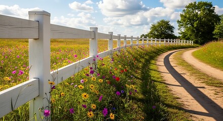 Fototapeta premium Scenic countryside view with white fence and winding road.