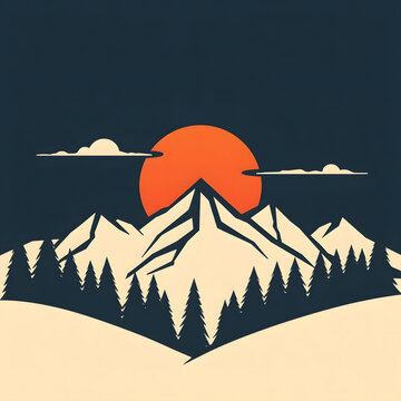 Minimalist flat line art showing calm mountains at sunset with bold black outlines. Burnt orange sky, navy peaks, cream accents, and simple geometric trees and clouds create a peaceful vector scene.