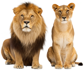 Majestic adult male lion with a full, dark mane and a young, attentive lioness with golden fur, both depicted in a realistic photographic style, are posed facing, isolated on transparent background.