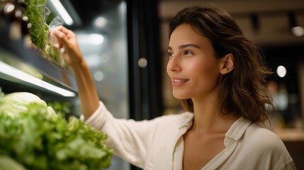 A shopper placing “buy less, choose well” reminders on their fridge and wardrobe, practicing mindful consumption at home — intentional living, anti-overconsumption habits, and value-driven