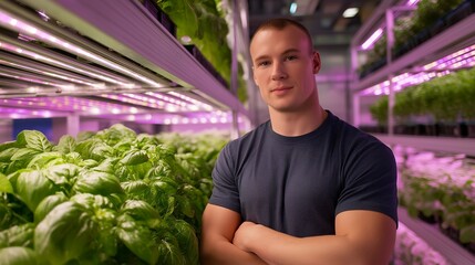 A vertical farming facility with multi-layered crops glowing under purple LED lights, technicians analyzing growth data displayed on overhead screens — high-density agriculture, urban food systems,
