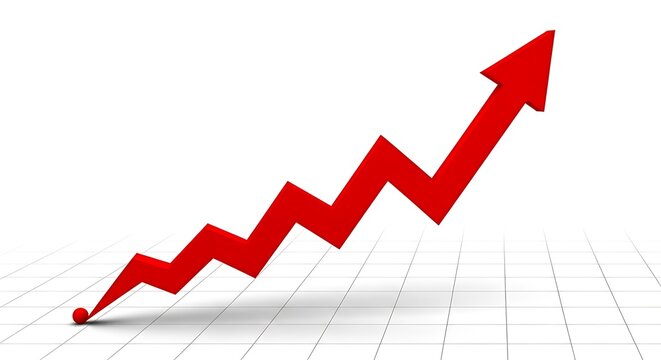 A red arrow graph showing a sharp upward trend and growth, isolated on a white background