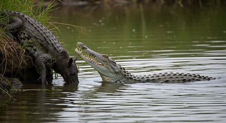 Crocodiles in a river, one with open mouth, wildlife scene.