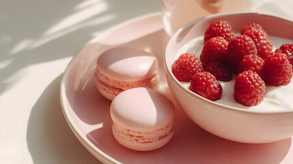 soft pink dessert with fresh raspberries yogurt and macarons on pastel plate