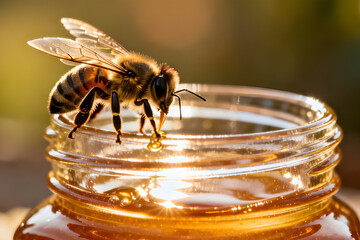 Honeybee Feeding on Golden Honey from Glass Jar in Sunlight by generative AI technology