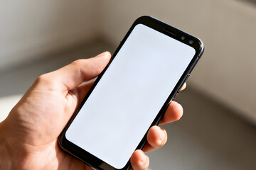 Hand Holding Smartphone with Blank White Screen in Natural Light by generative AI technology