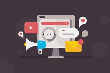 AI robot face embedded with web interface, modular panel showcase key content formats for digital marketing and promotion operations.