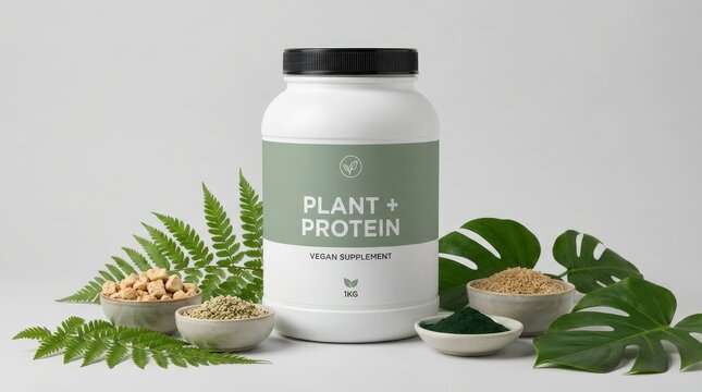 White container of plant-based protein supplement surrounded by natural ingredients, including seeds and green leaves, showcasing healthy lifestyle and nutrition concept