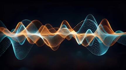 Abstract sound wave visualization with glowing orange and blue light trails against a dark background representing audio frequency data transmission music technology and innovation - Powered by Adobe