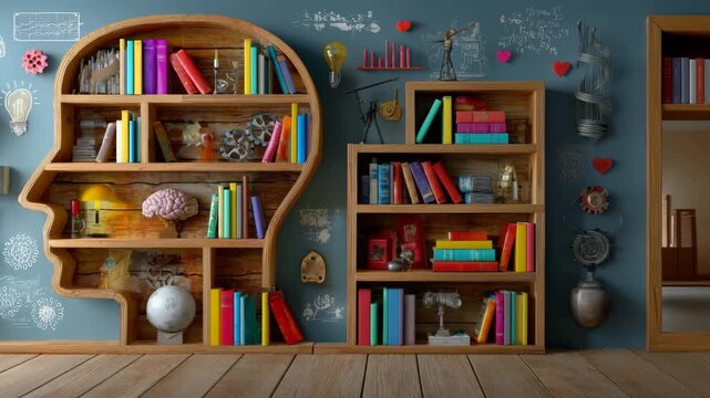 Creative workspace with bookshelves in the shape of a human head