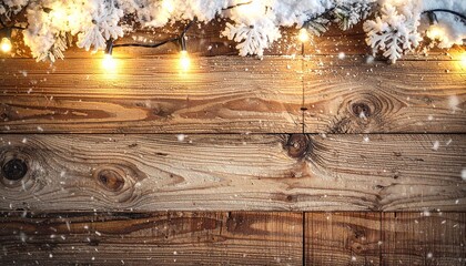 雪と暖かな光が輝くラスティックなクリスマス木目背景