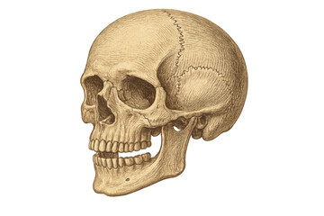 Obraz premium Human skull bone structure illustrating anatomy, biology, and medicine, showing skeletal system details with transparent background