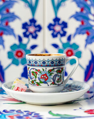 Turkish Coffee in the Colorful Candy and Chocolate, Ramadan Background Photo, Traditional Ottoman Desserts, Turkish Delight and Baklava, &Uuml;sk&uuml;dar Istanbul, Turkiye (Turkey)
